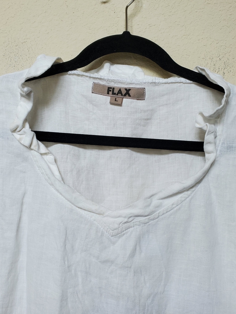 Flax White Linen Sleeveless Ruffled Neck Tunic. Size Large - Picture 2 of 5